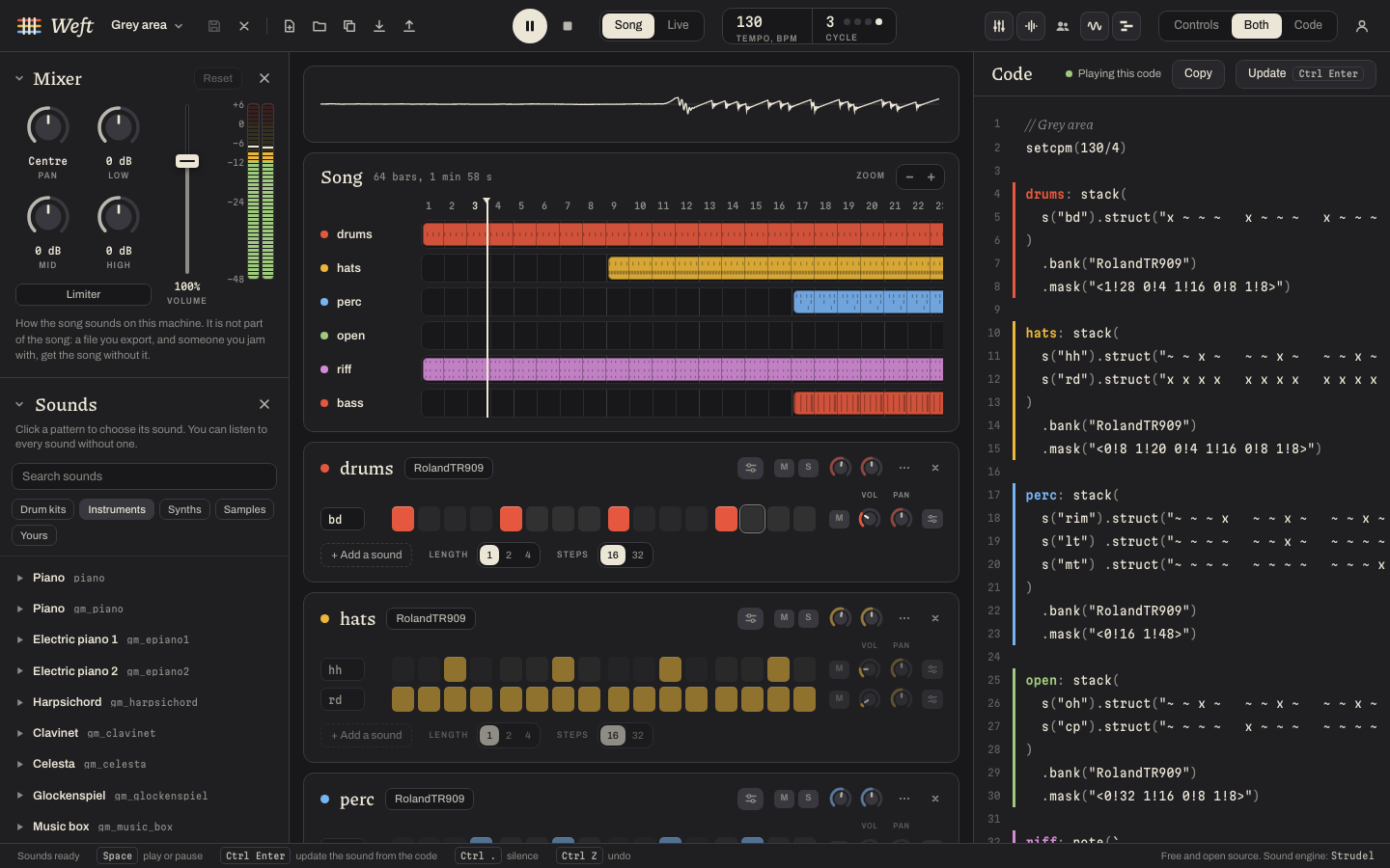 The Weft window while a song plays: the mixer and the sounds on the left, drum grids in the middle, the song's code on the right.