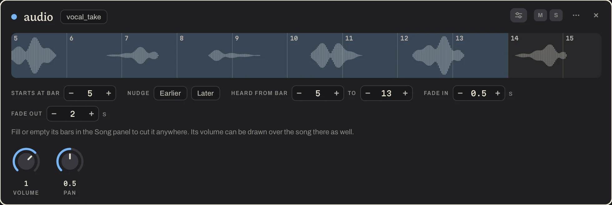 A recording laid along the song: its wave with the bars of the song over it, and under it where it starts, a nudge, the bars it is heard in and its fades.