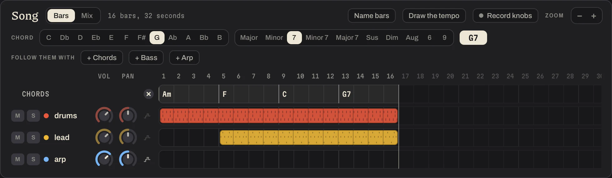 The Song panel with a Chords row: A minor for four bars, then F, C and G seventh, and above it the notes and kinds of chord to choose from.