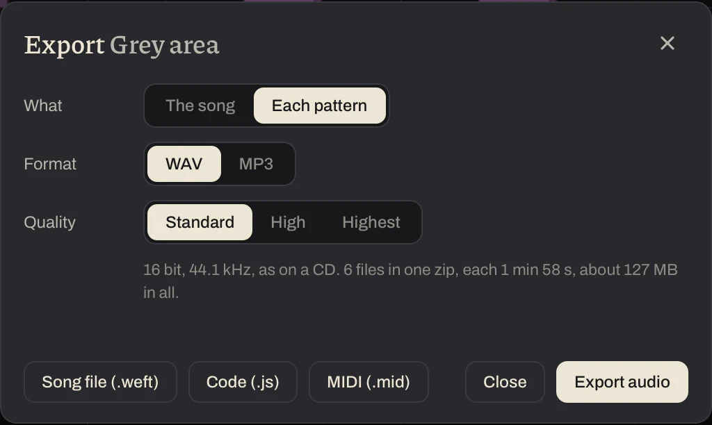 The export window: the song or each pattern, WAV or MP3, a quality, and buttons for a song file, the code and the audio.