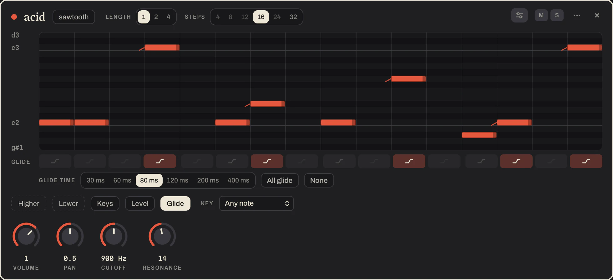 An acid line in a piano roll: five notes have a short tail leading into them, and the Glide row under the roll has their steps switched on, with Glide time at 80 ms beside it.