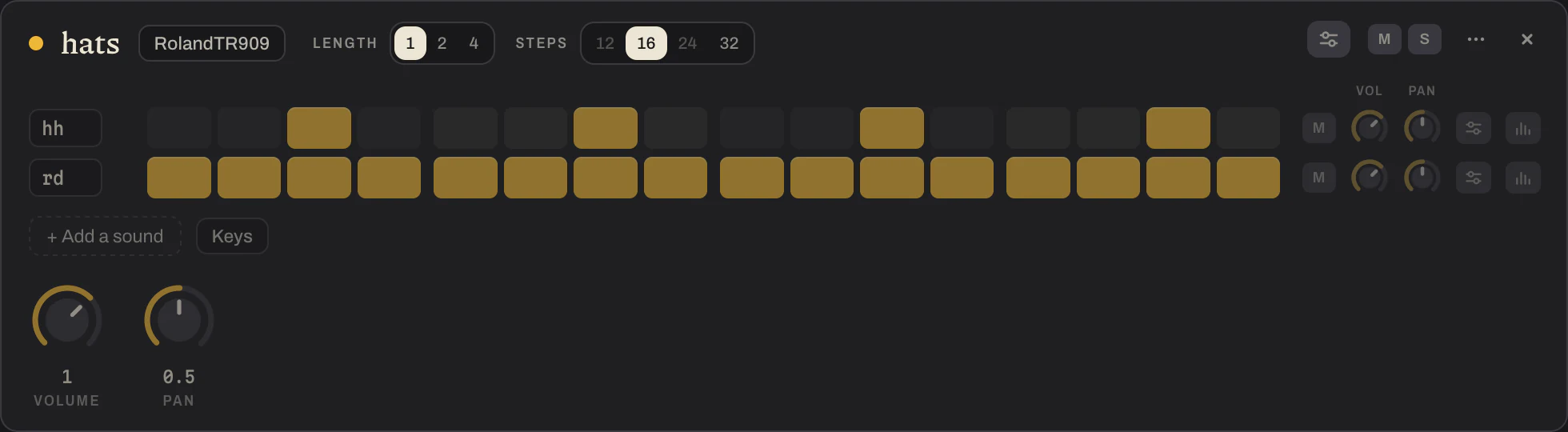 A drum pattern: a row of sixteen steps for each of two sounds, with volume, pan and a mute button at the end of each row.