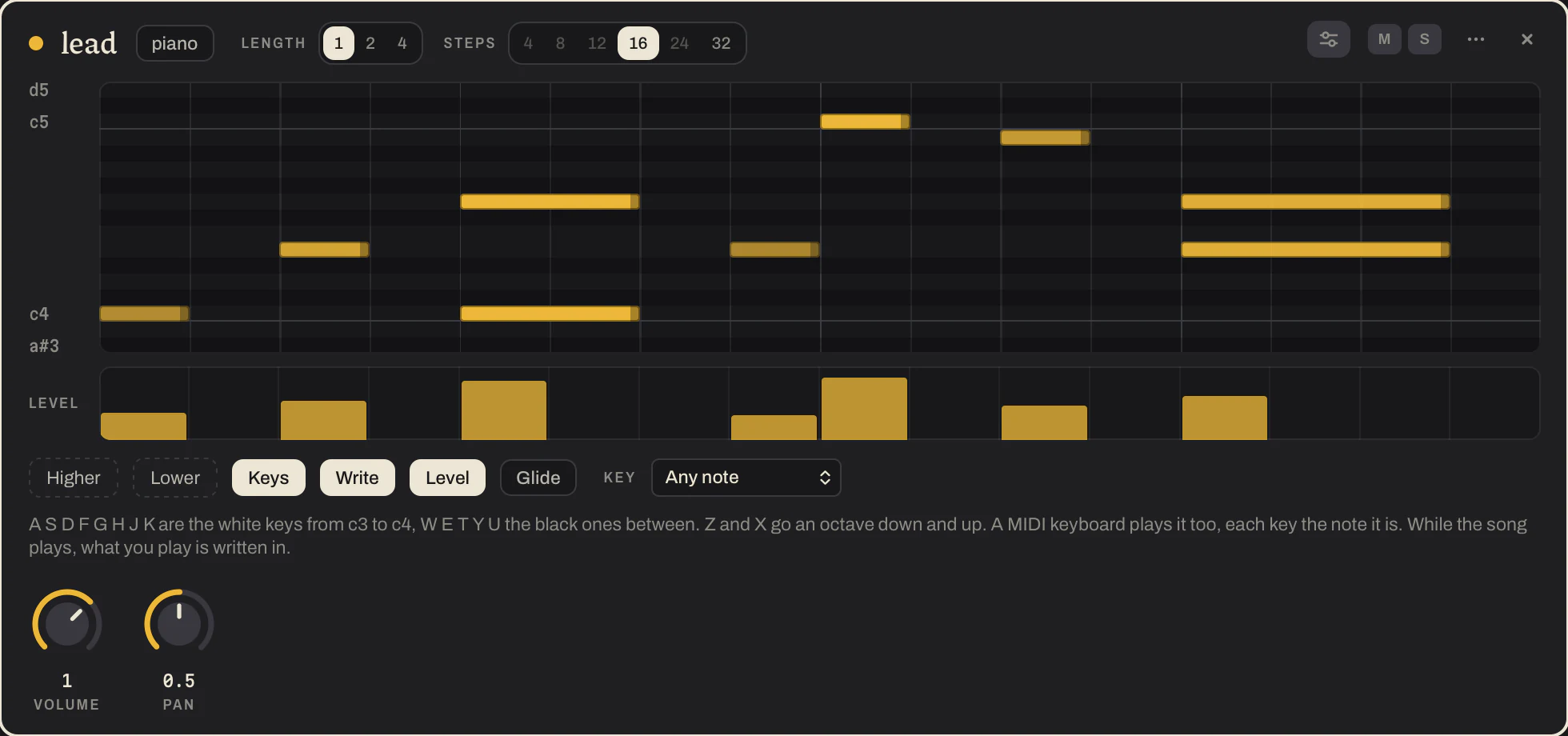 A piano roll with Keys on and, under it, the level of every note as a bar: low for the notes played softly, high for the ones played hard.
