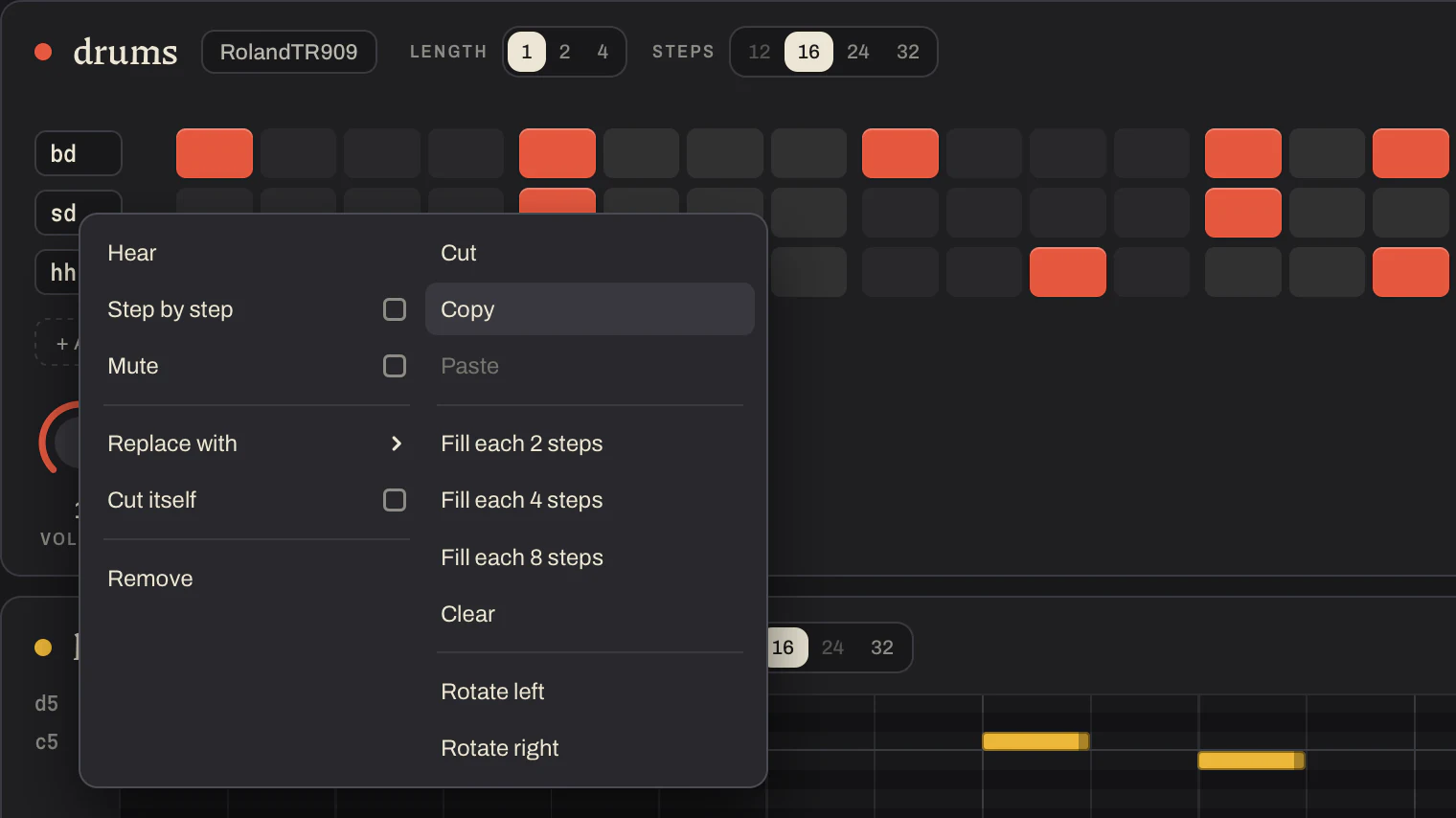 The menu of a sound in a drum grid, in two columns: hear, step by step, mute, replace with, cut itself, remove; cut, copy, paste, fill each 2, 4 or 8 steps, clear, rotate left and right.