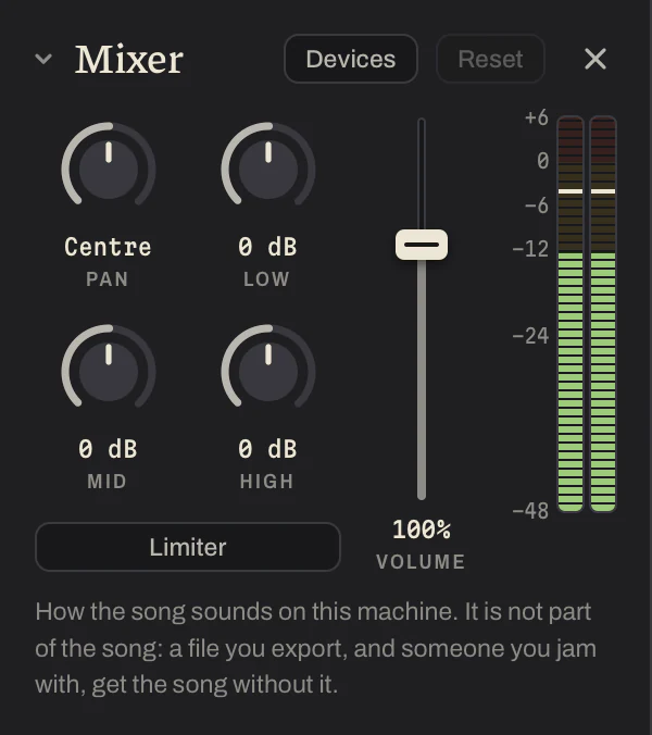 The mixer: pan, low, mid and high knobs, a limiter, a volume fader and two meters.