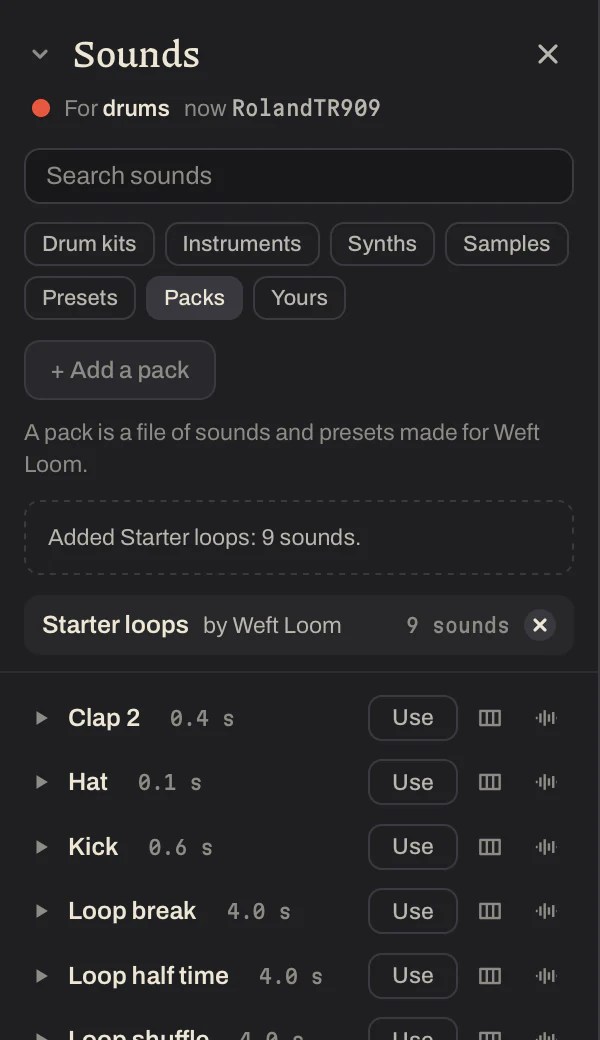 The Sounds with Packs chosen: a pack called Starter loops with nine sounds, and its loops and hits listed under it with buttons to use, slice and put each in the song.