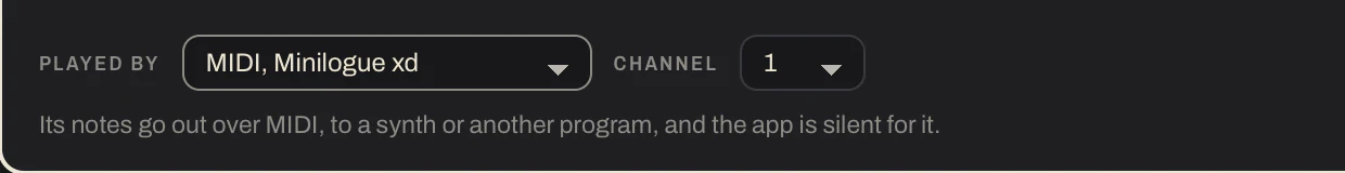 The foot of a pattern's sound controls: Played by a synth plugged in over MIDI, on channel 1.