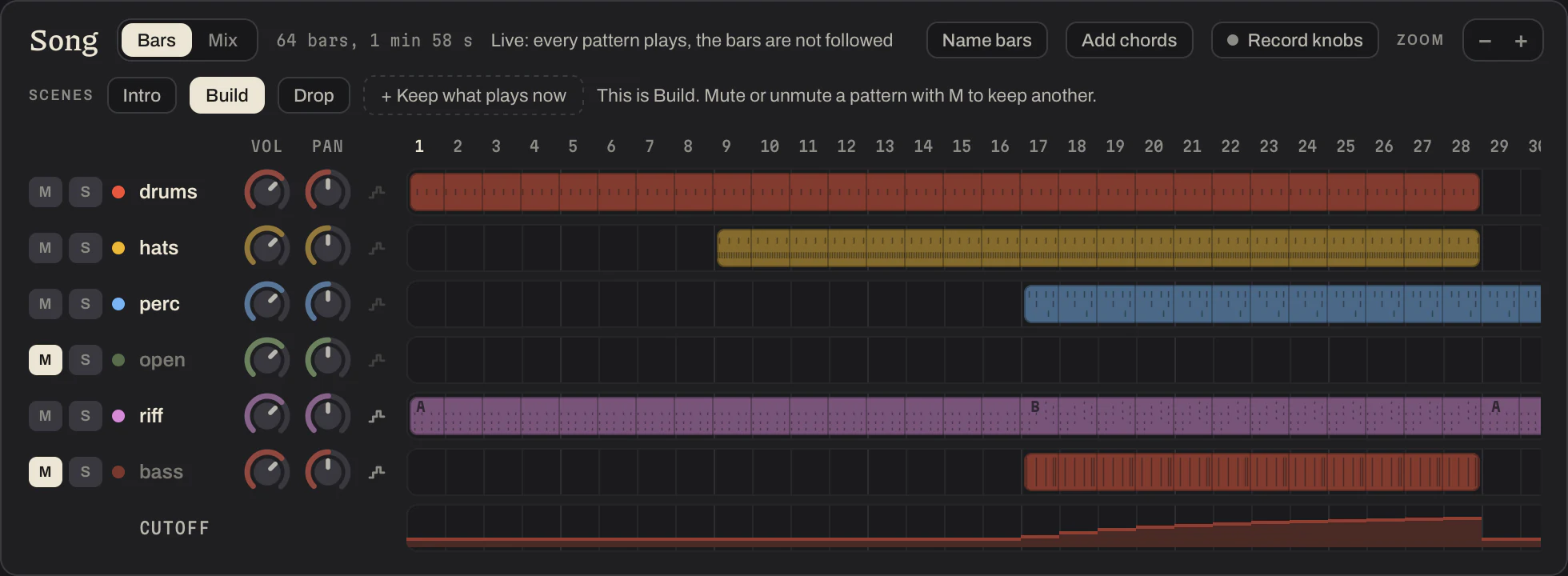 The Song panel in Live with a row of three scenes: Intro, Build, which is waiting for the next bar, and Drop, which is playing.
