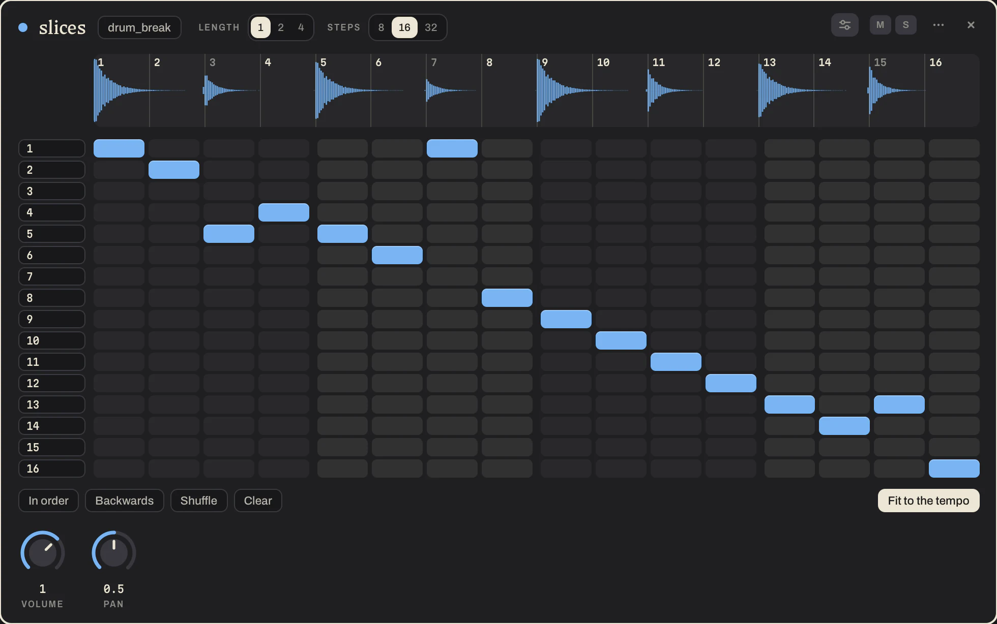 A drum loop drawn as a wave and cut into sixteen parts, and under it a grid with a row for each part, most of them in their own order and a few moved.