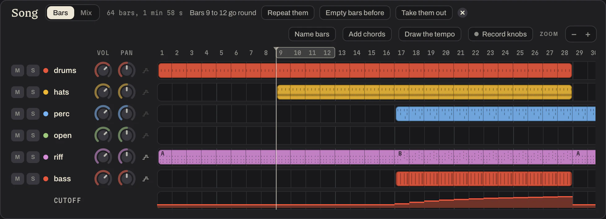The Song panel: a row for each pattern with the bars it plays in filled, and four bars chosen to go round, with buttons to repeat them, to put empty bars before them and to take them out.