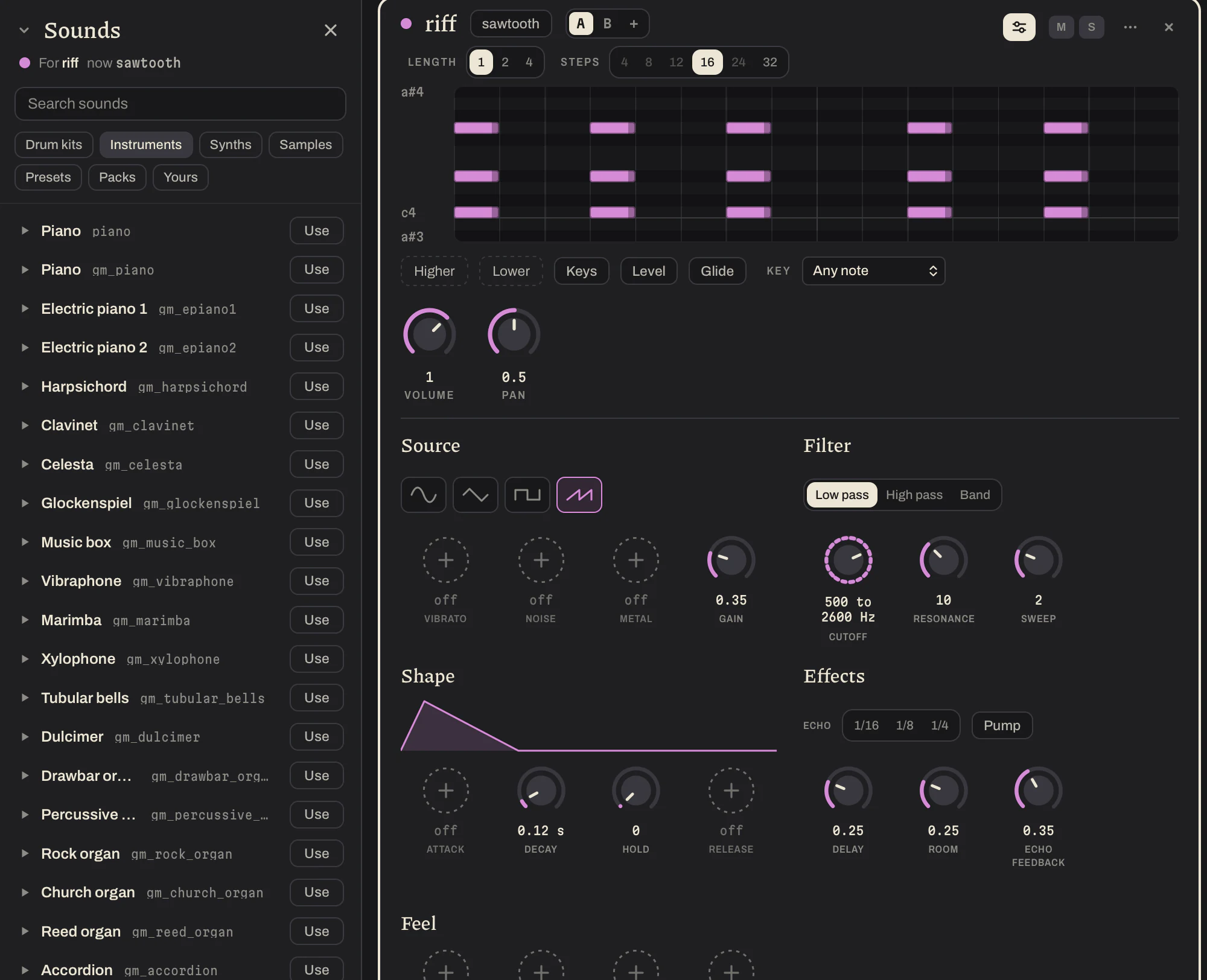 The Sounds on the left with a list of instruments, and beside it a pattern with all the controls of its sound open: Source, Filter, Shape and Effects.