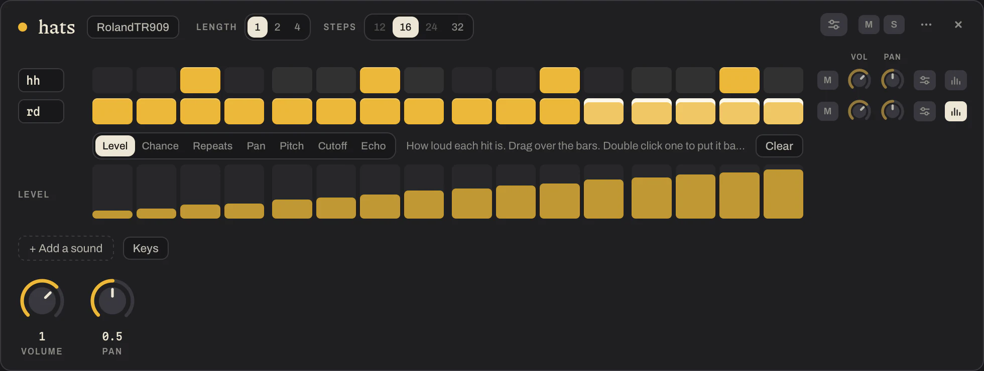 A drum pattern with one row opened step by step: a bar under every hit says how loud it is, rising from the first hit to the last.