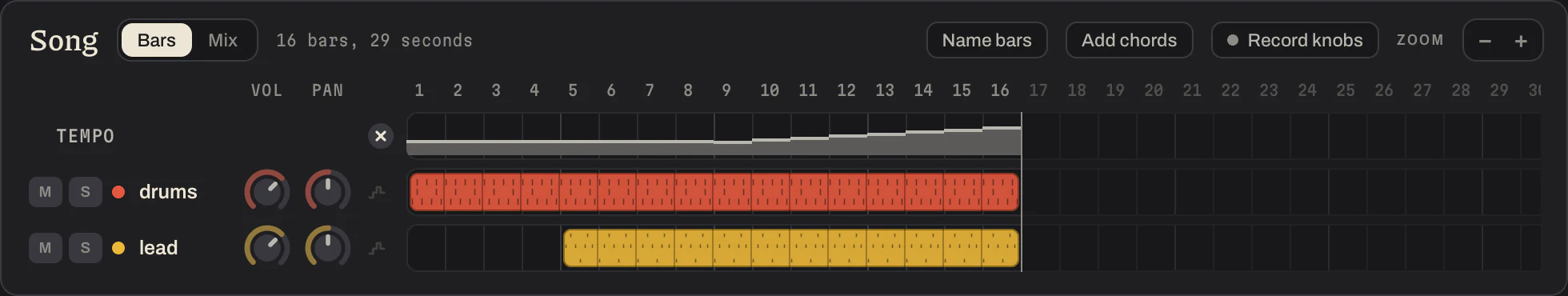 The Song panel with a Tempo row over the patterns: level for eight bars, then rising bar by bar to the end of the song.
