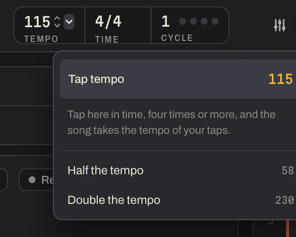 The menu under the tempo: Tap tempo, with 119 tapped, and Half the tempo and Double the tempo.